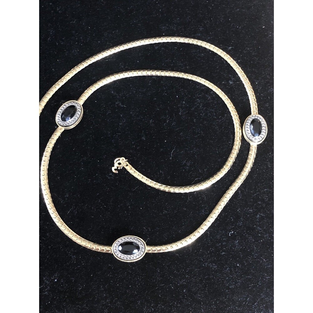 Vintage Whiting Davis Gold Tone Herringbone Chain 28" Necklace Black Stone RARE